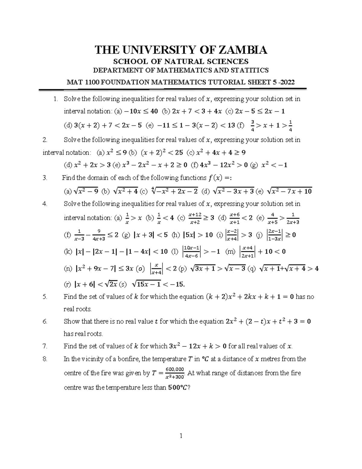 MAT 1100 Foundation Mathematics Tutorial Sheet 5 - 2022 - Studocu