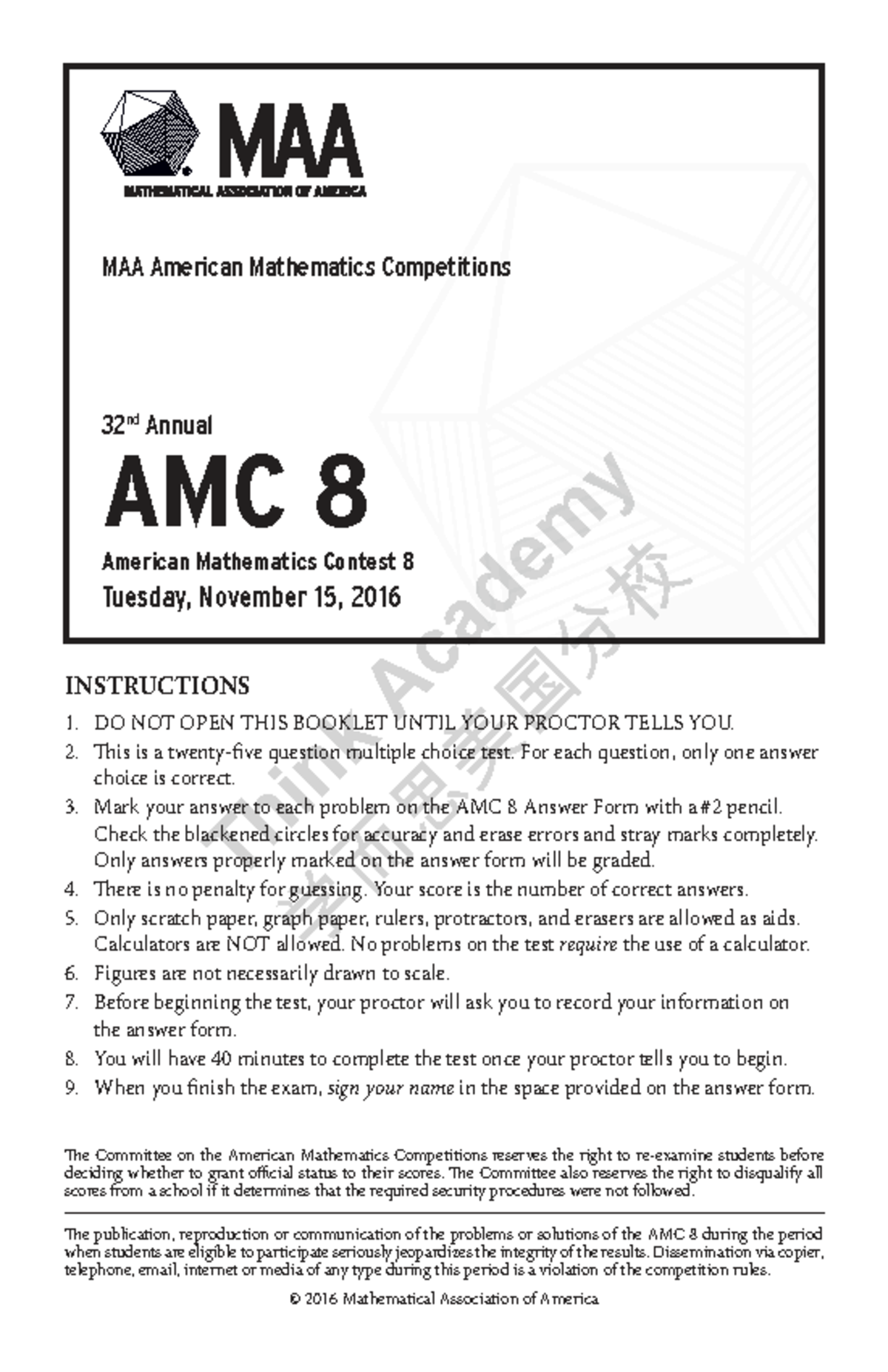 2016 AMC 8 Exam Instructions and Guidelines - Studocu