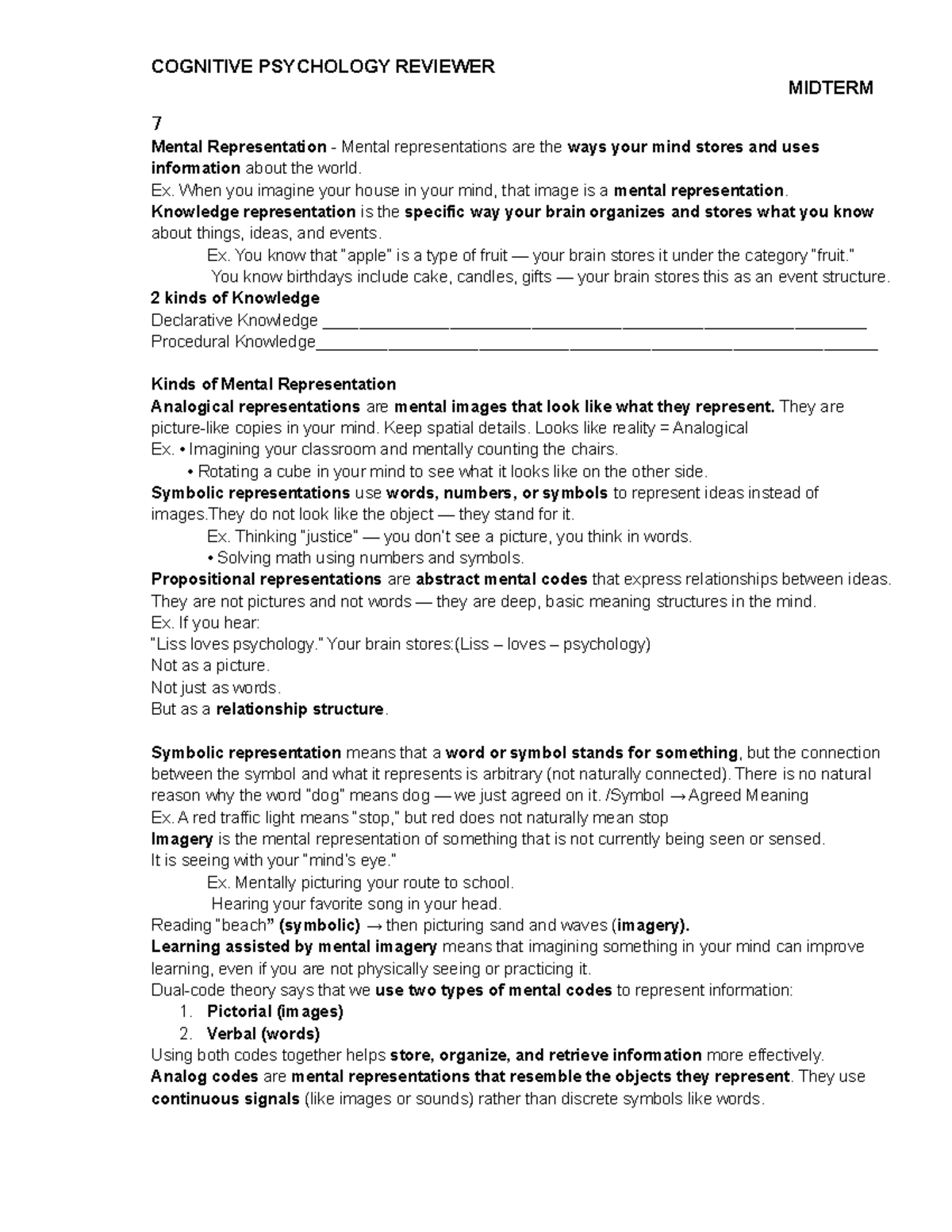 COG 101 COGNITIVE PSYCHOLOGY MIDTERM REVIEWER: Mental Representation ...