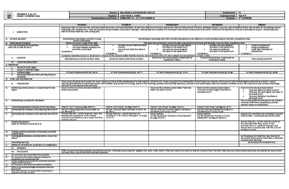 DLL TLE-ICT 6 Q4 W6 - notes - GRADES 1 to 12 DAILY LESSON LOG School ...