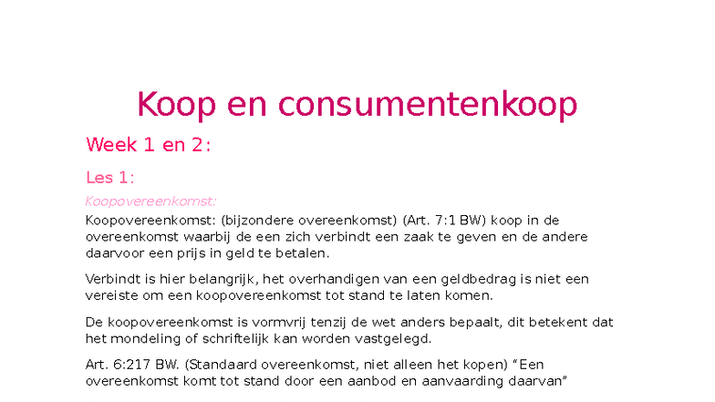 Koop en Consumentenkoop: Les 1 en 2 - Koopovereenkomst (Art. 7:1 BW ...