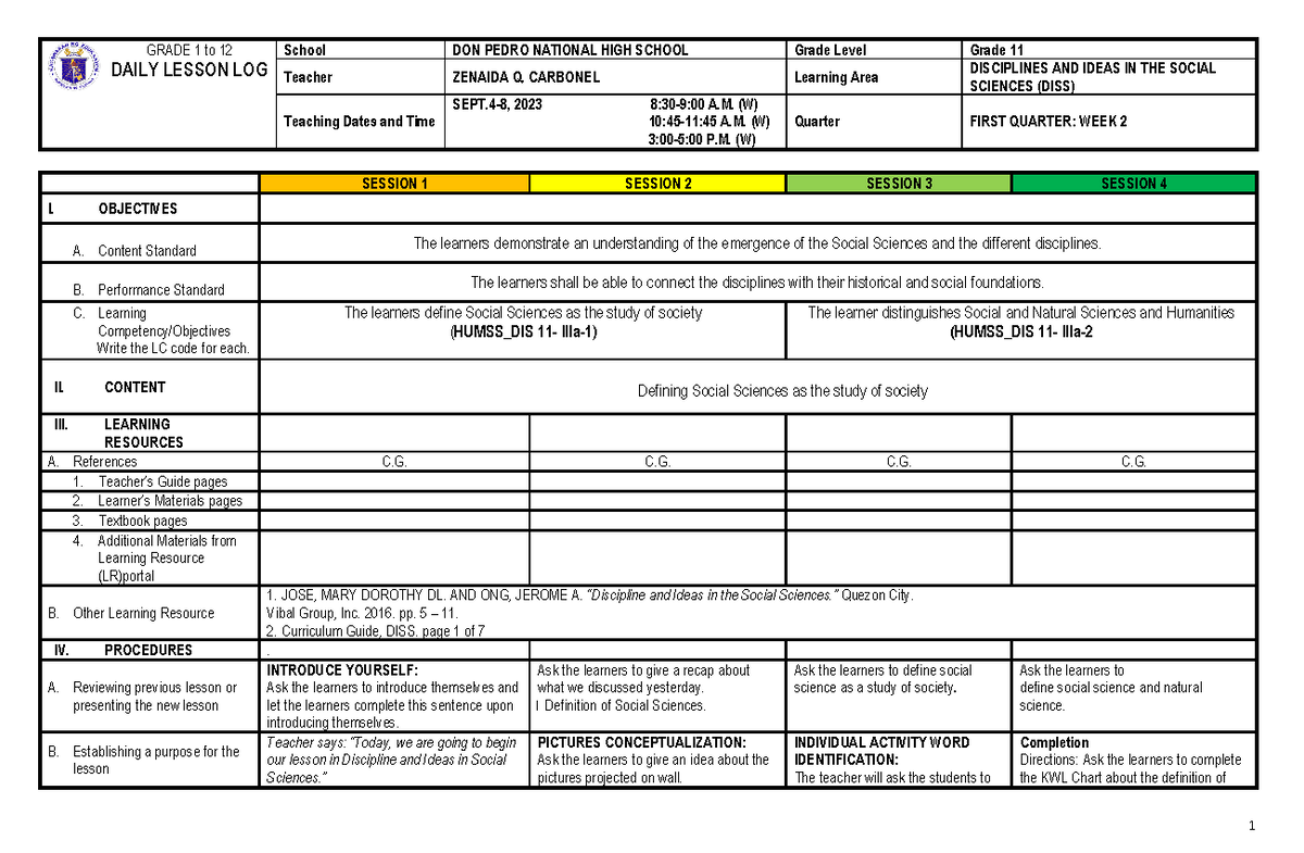 DISS 11 - Week 2 Daily Lesson Log on Social Sciences Concepts - Studocu