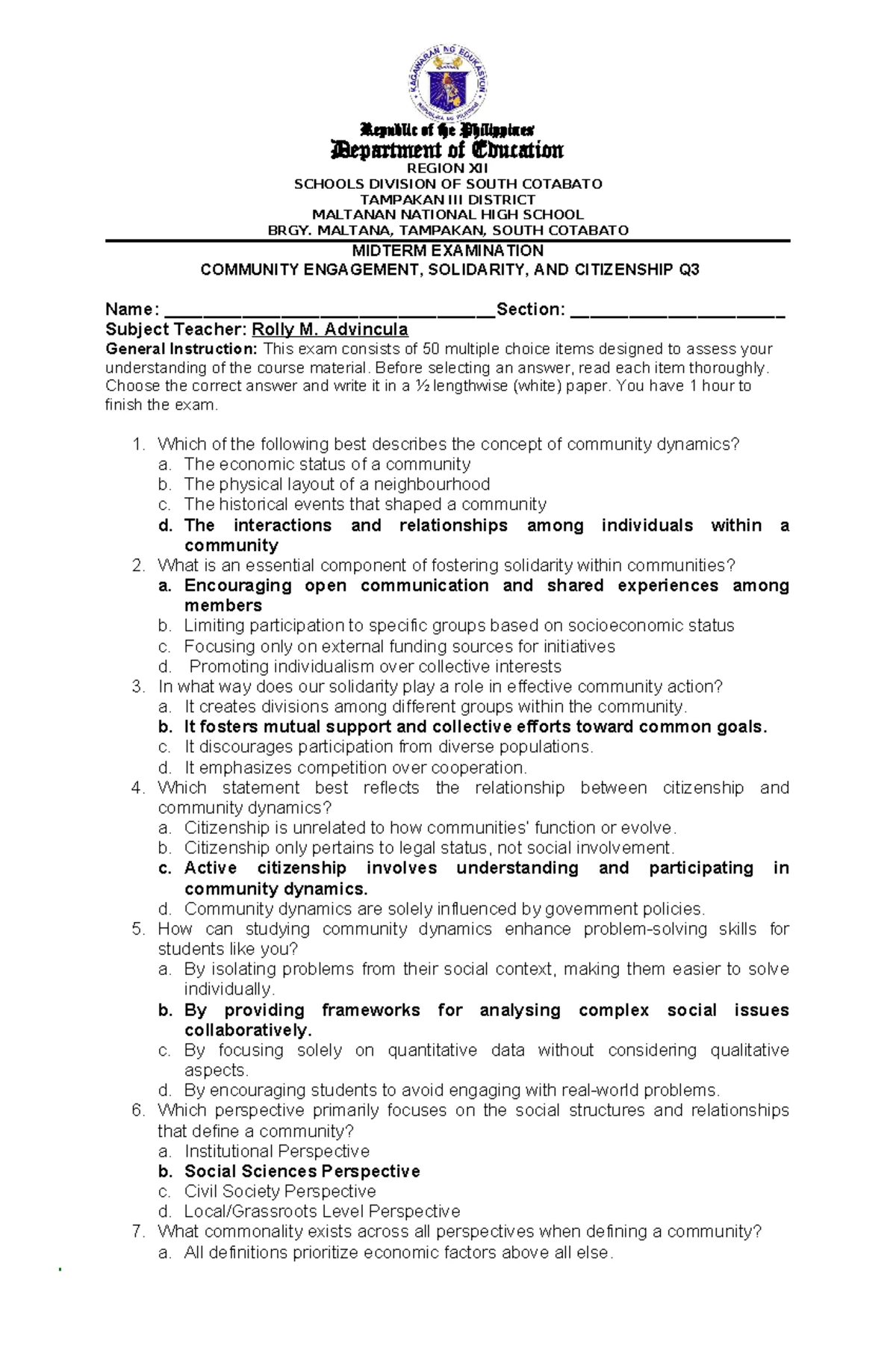 FINAL EXAMINATION ON COMMUNITY ENGAGEMENT AND CITIZENSHIP Q4 - Studocu