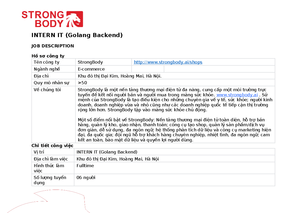 JD TTS IT (Golang) - Intern Backend Developer at StrongBody - Studocu