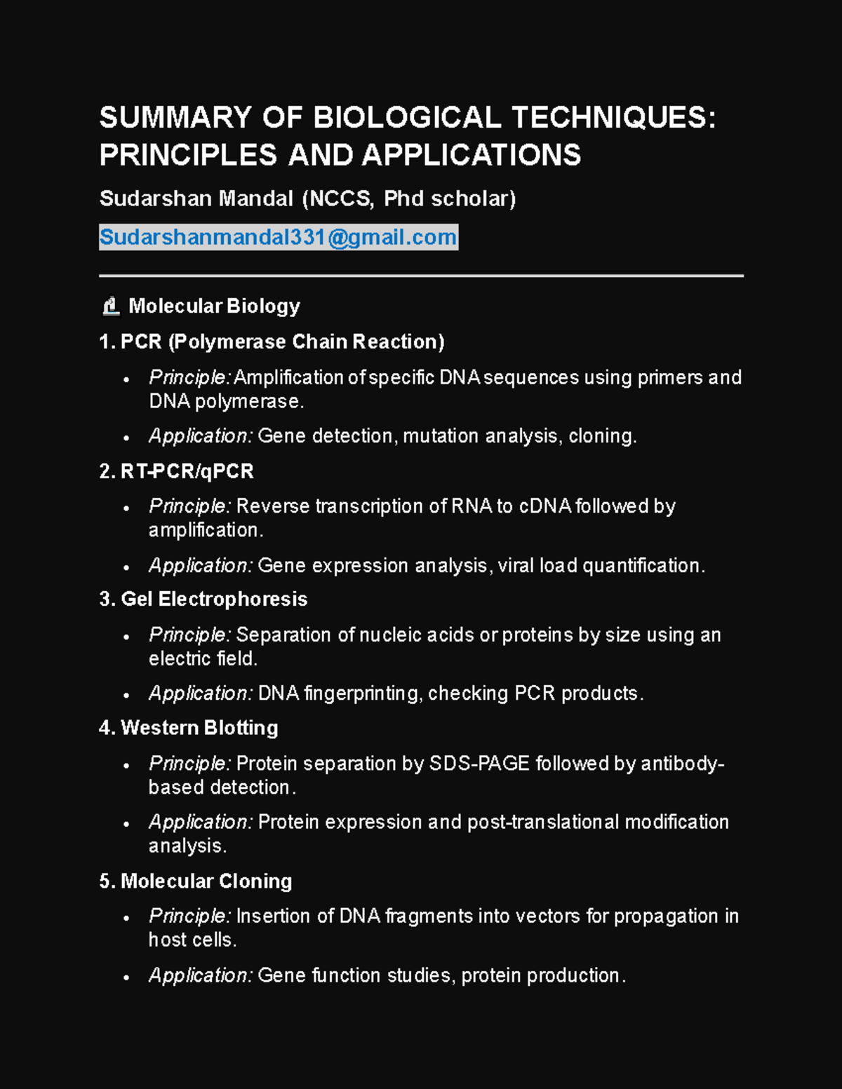 SUMMARY OF BIOLOGICAL TECHNIQUES: PRINCIPLES & APPLICATIONS (Molecular ...