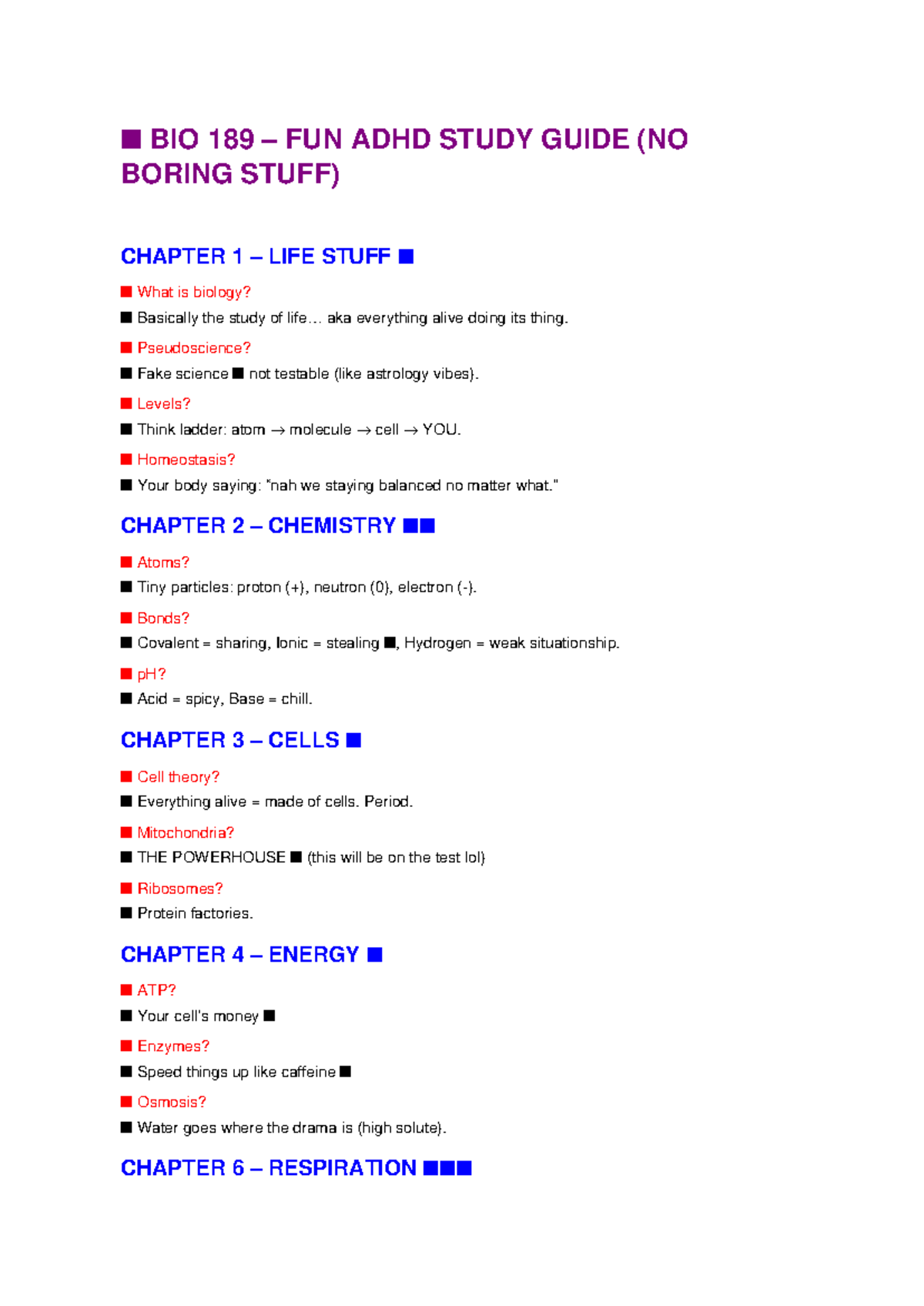 BIO 189 FUN ADHD Study Guide: Key Concepts & Life Stuff - Studocu