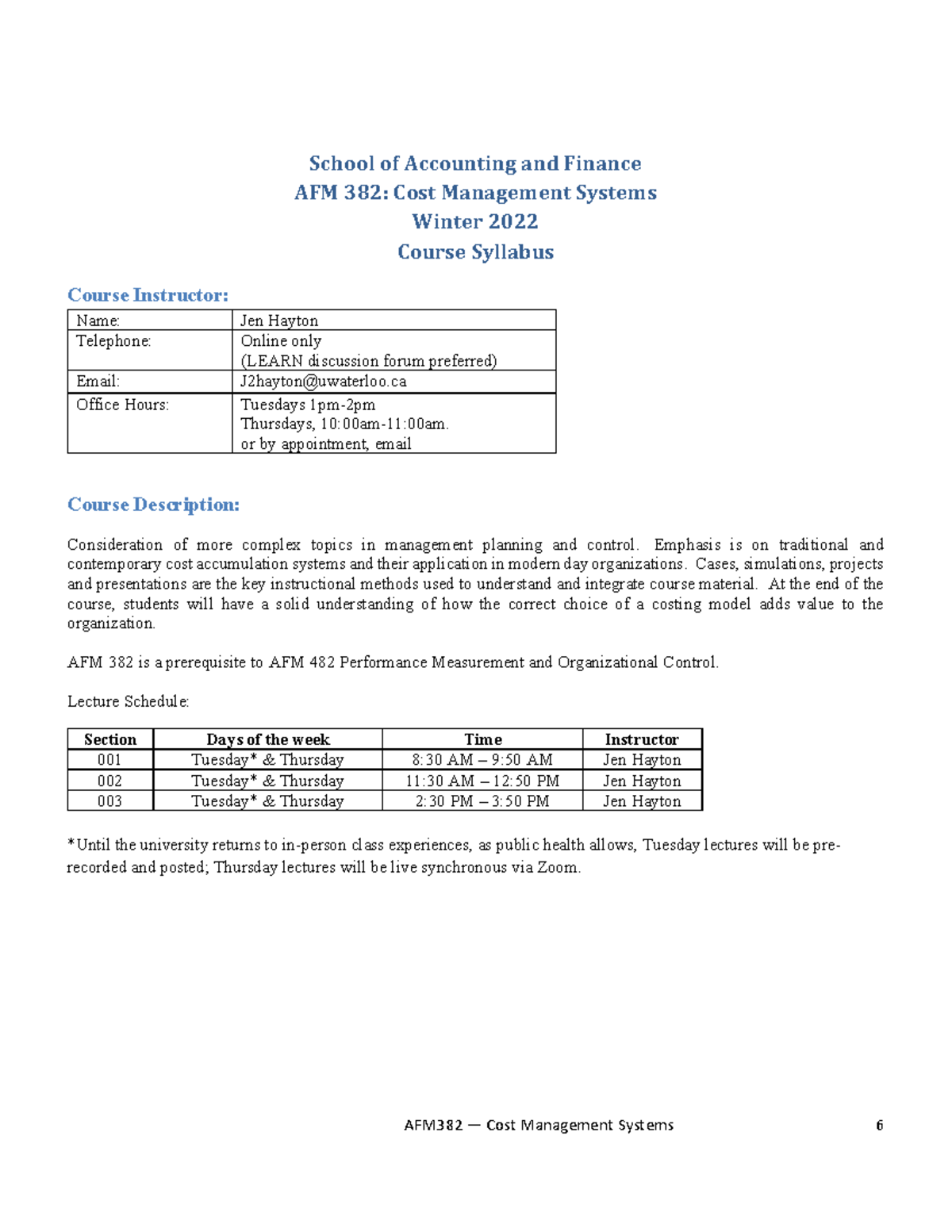 AFM 382 - Cost Management Systems Course Syllabus Winter 2022 - Studocu