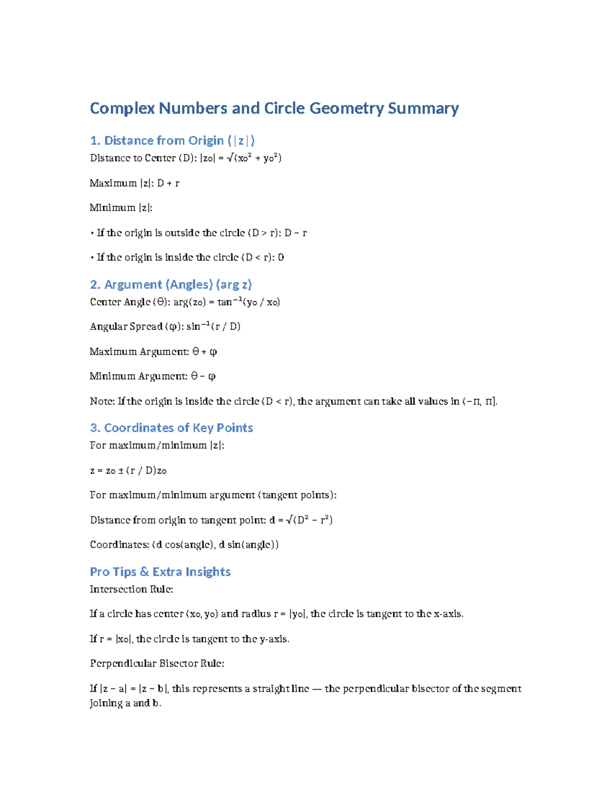 Complex Numbers and Circle Geometry Summary (MATH 101) - Studocu
