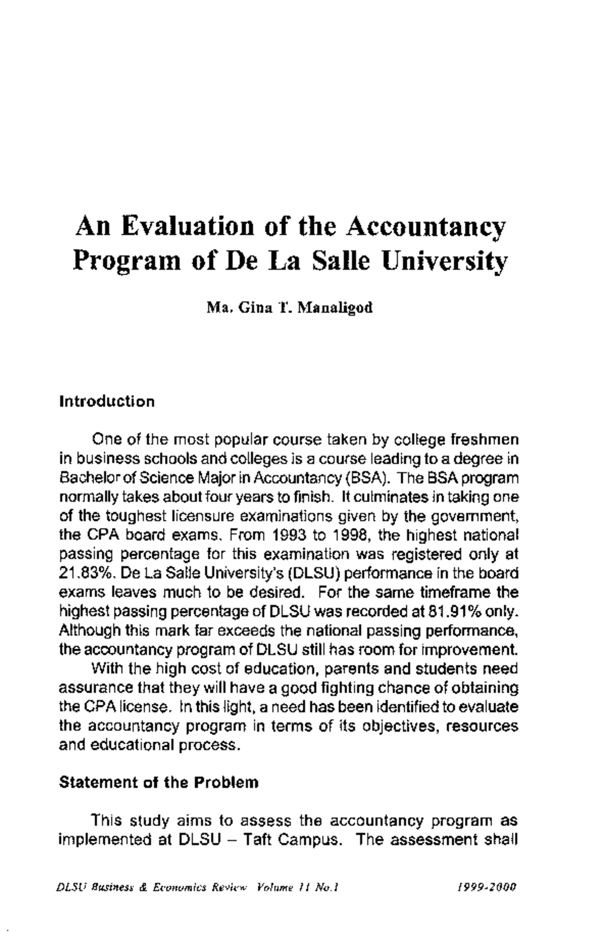 Evaluation of the BSA Program at DLSU: Insights and Recommendations ...