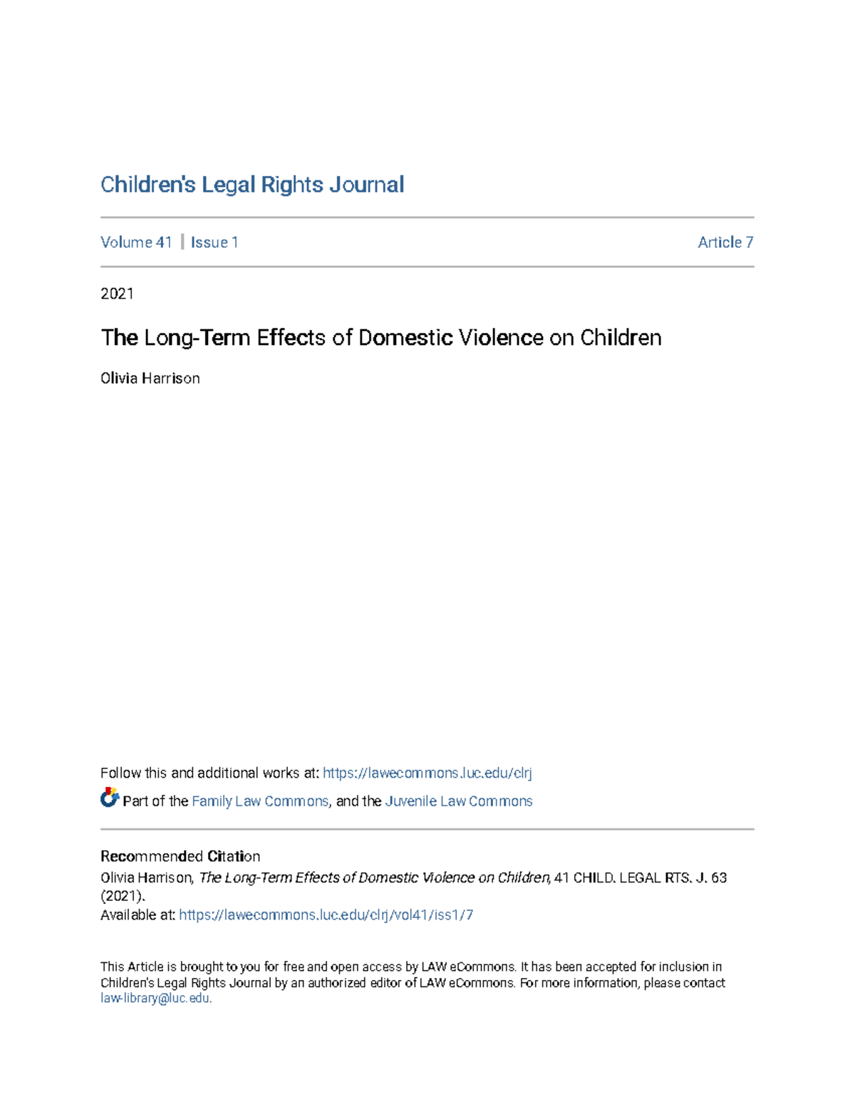 The Long-Term Impact of Domestic Violence on Children - Article 7, CLRJ ...