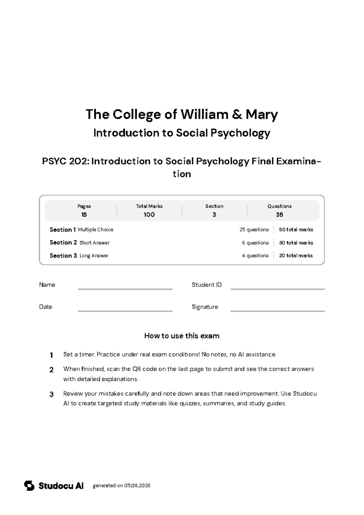 PSYC 202: Introduction to Social Psychology Final Exam - Studocu