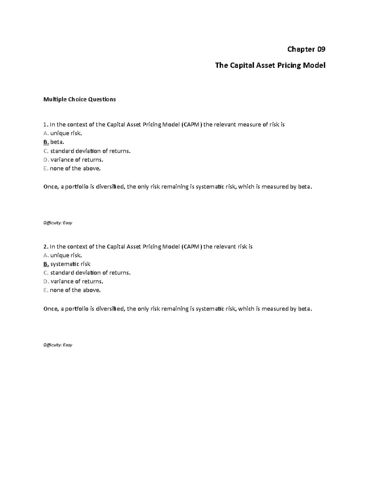 Chapter 09: CAPM Multiple Choice Questions & Answers (Test Bank) - Studocu