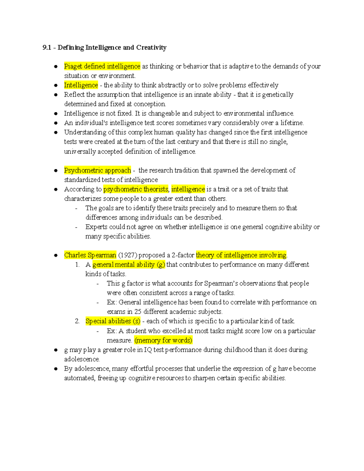 Ch. 9 - Understanding Intelligence and Creativity in Development - Studocu