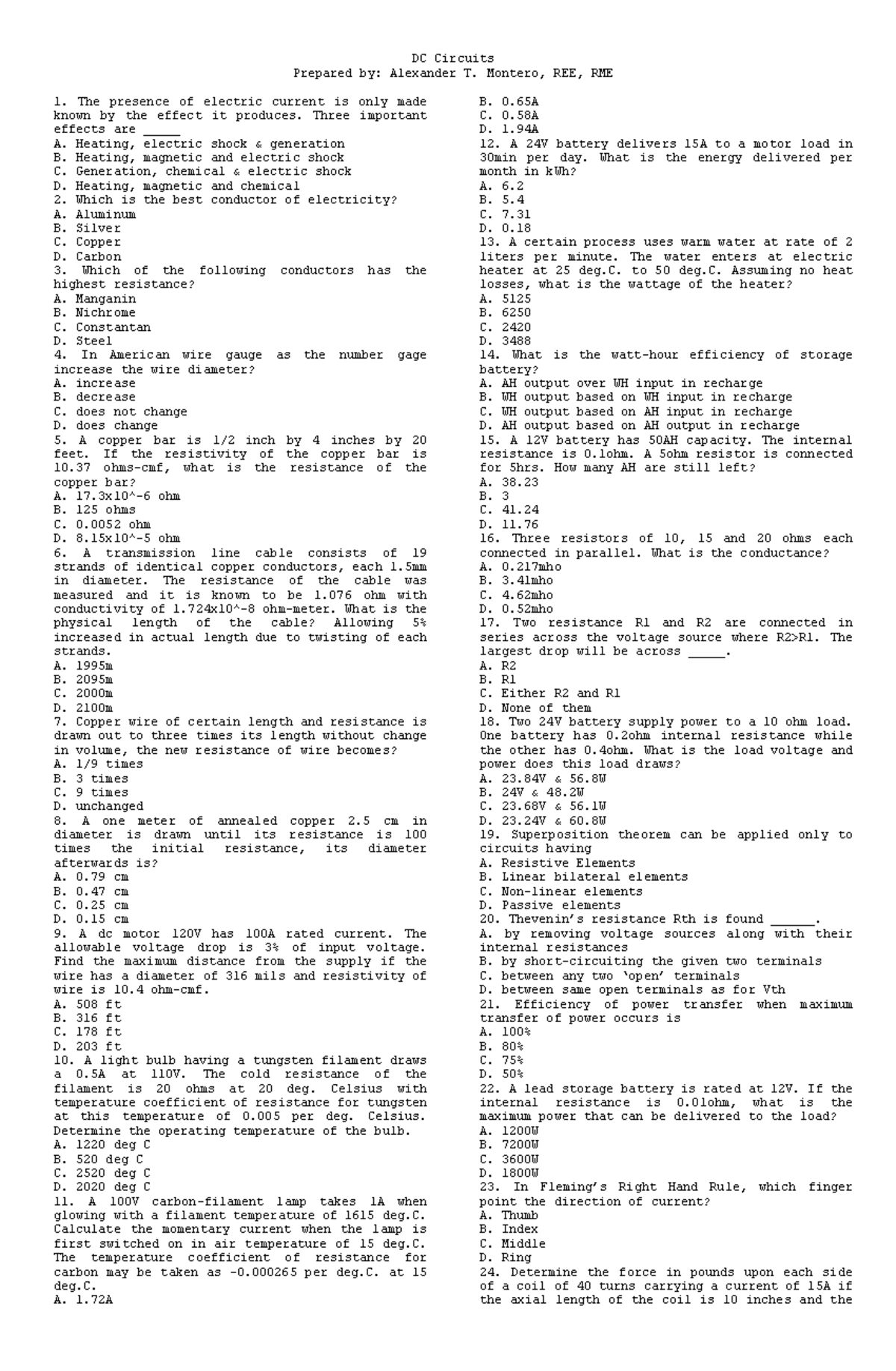 DC Circuits Reviewer: Key Concepts and Practice Questions - Studocu