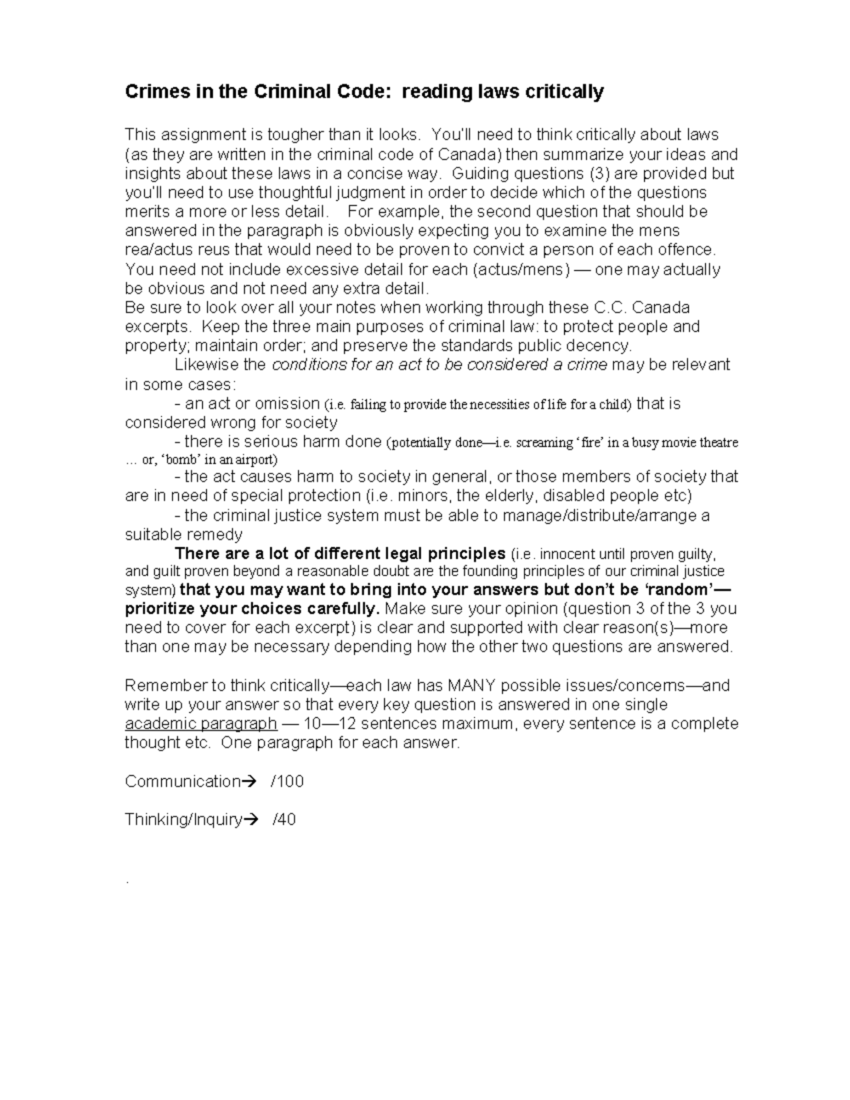 Ch9 assign Criminal Code excerpts - Crimes in the Criminal Code ...