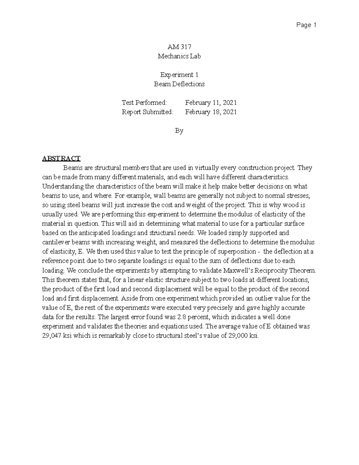 AM317 Exp1-1 - report - AM 317 MECHANICS Lab EXPERIMENT BEAM ...