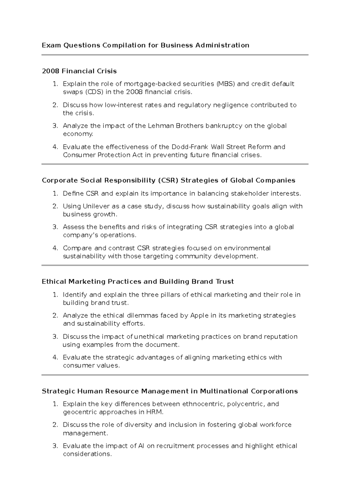 Exam Questions Compilation for Business Administration WS0405 - Studocu