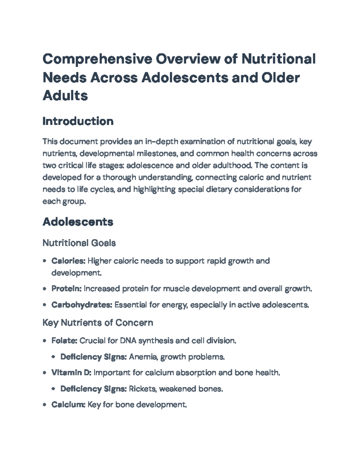 Nutritional Needs Overview for Adolescents & Older Adults - Key ...