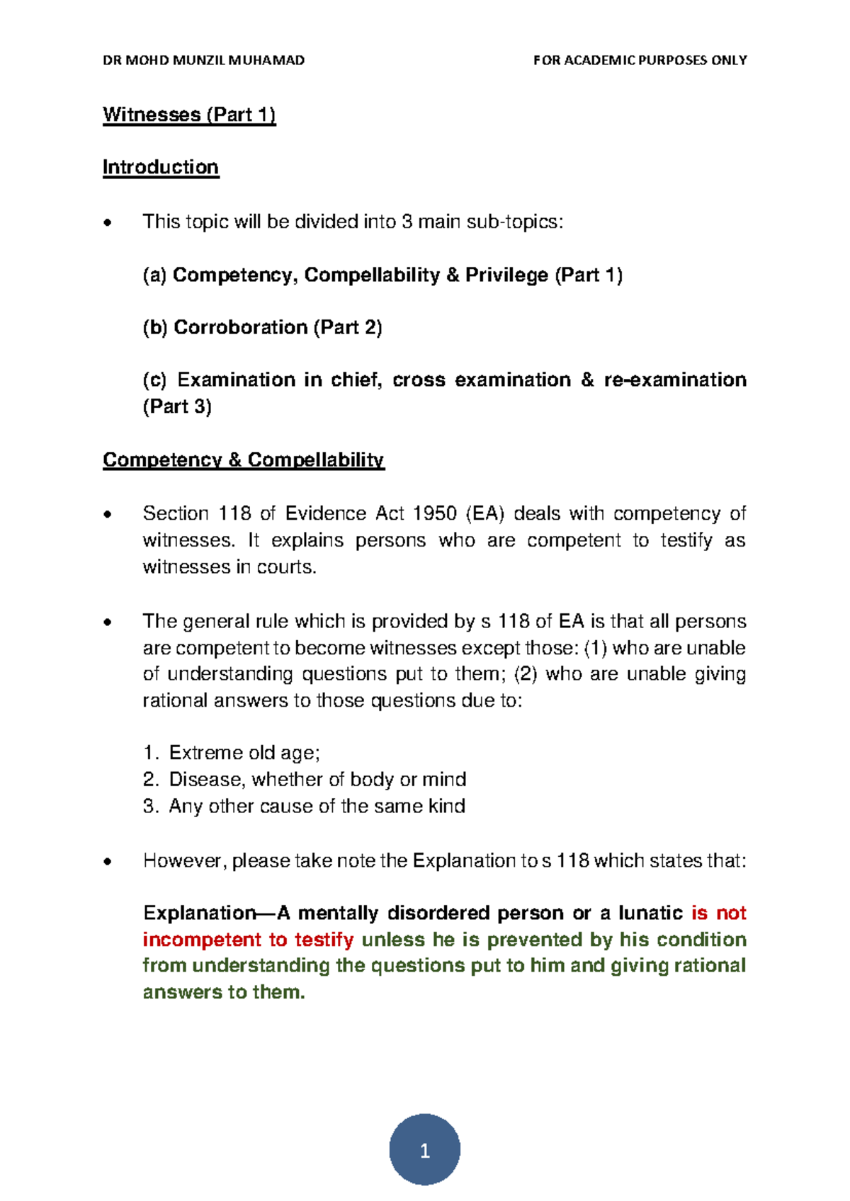 Evidence Act 1950: Competency & Privilege of Witnesses (Part 1) - Studocu