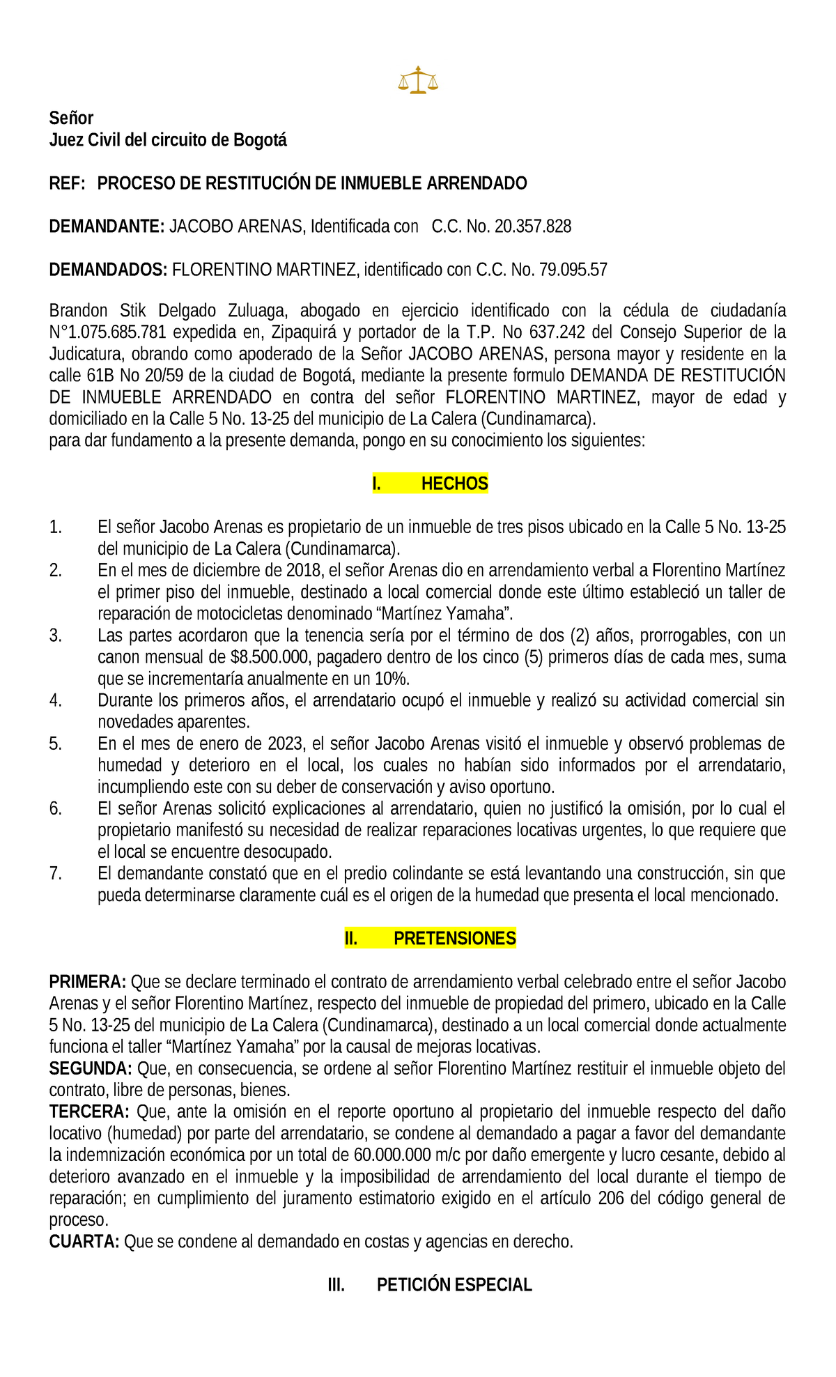 Demanda de Restitución de Inmueble Arrendado - Proceso Civil 2023 - Studocu