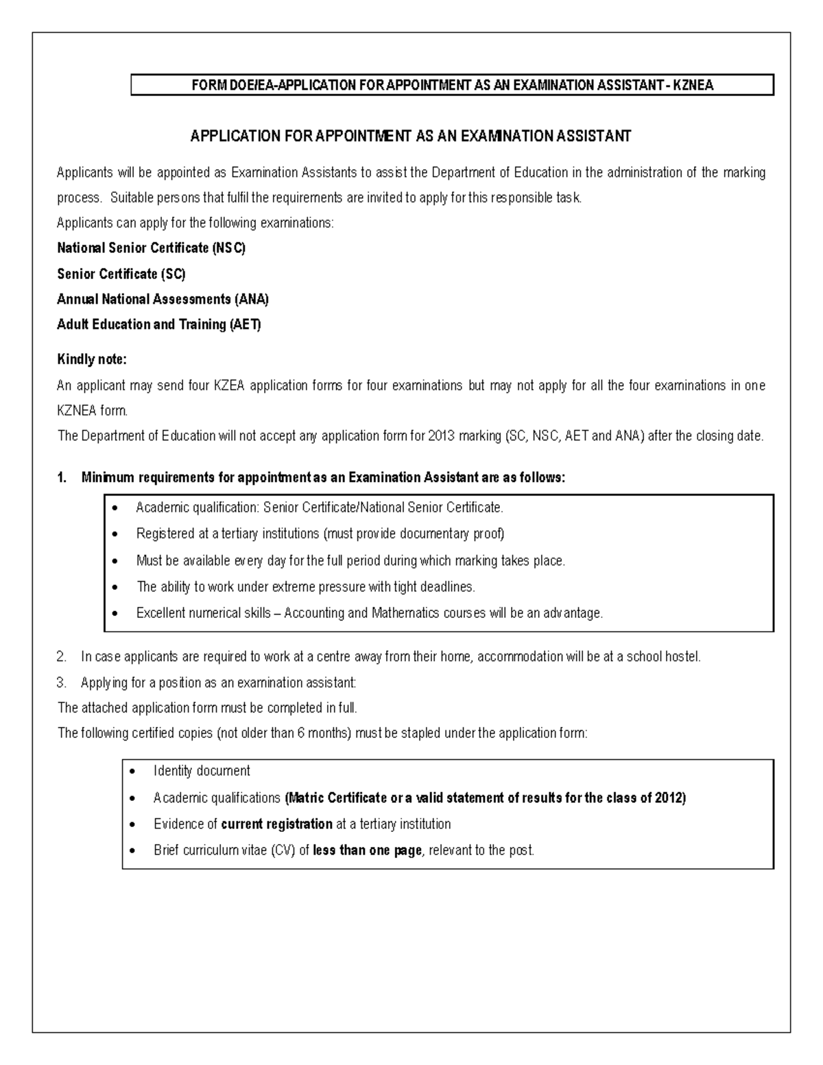 KZNEA - Application for Examination Assistant Position 2023 - Studocu