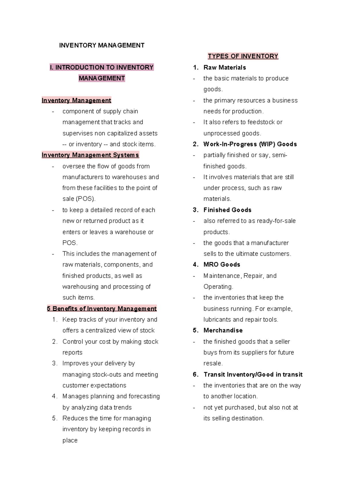 IM Reviewer - INVENTORY MANAGEMENT I. INTRODUCTION TO INVENTORY ...