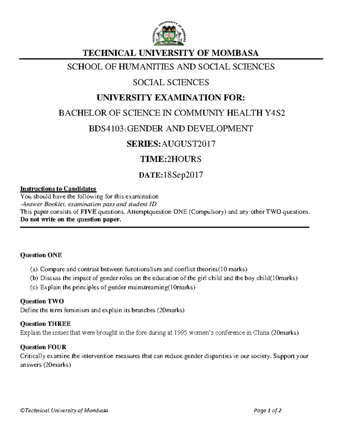 BDS 4103 Gender and Development Exam Paper - August 2017 Edition - Studocu