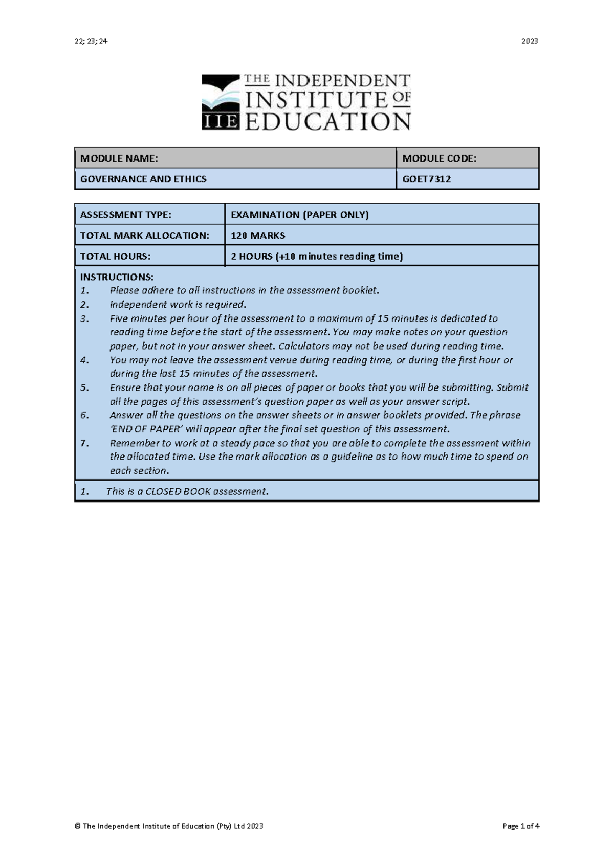 GOET7312 Final Exam Paper: Governance and Ethics 2023 - Studocu