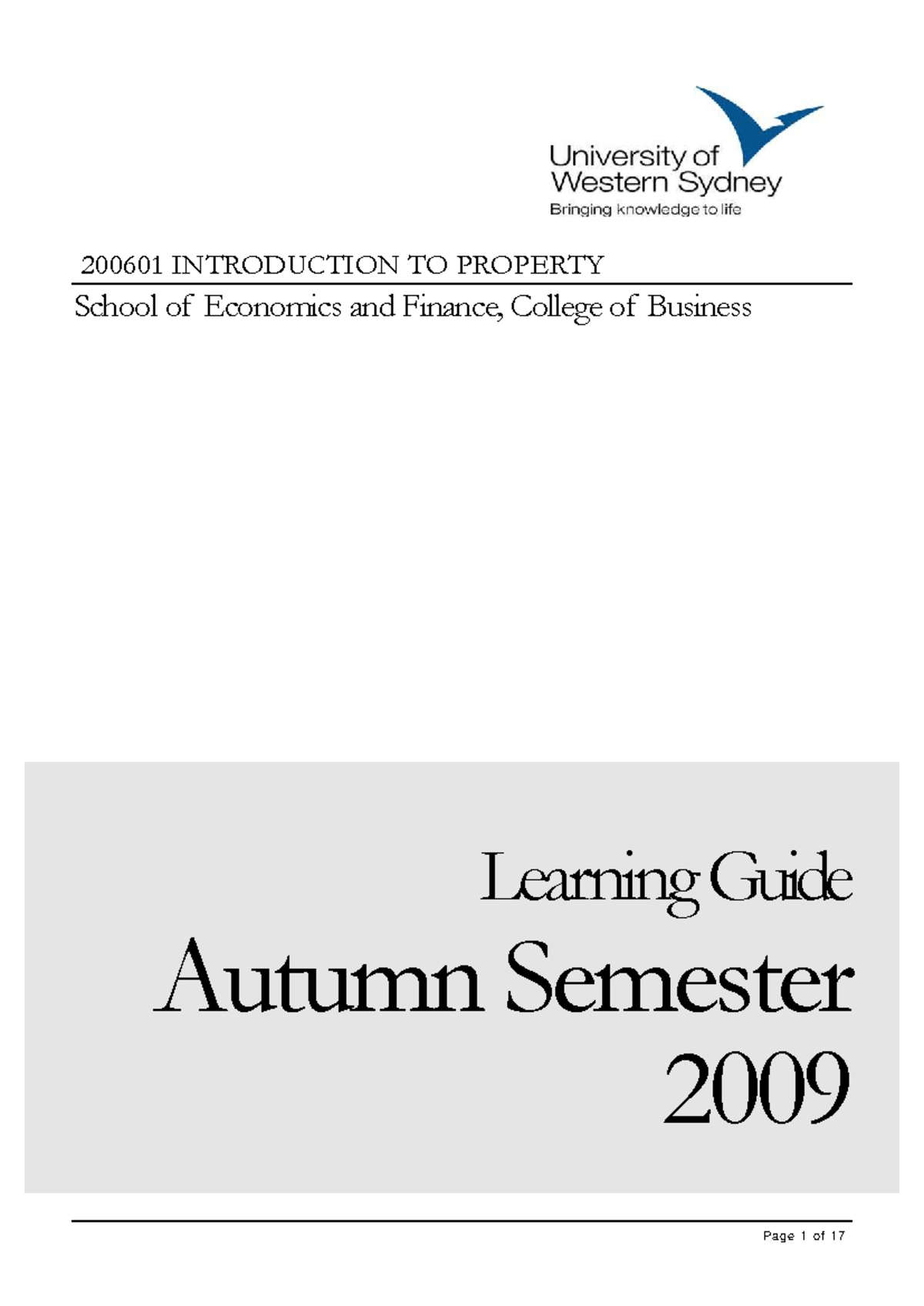 Learning Guide - 2006 01 - Introduction to Property - Autumn 2009 ...