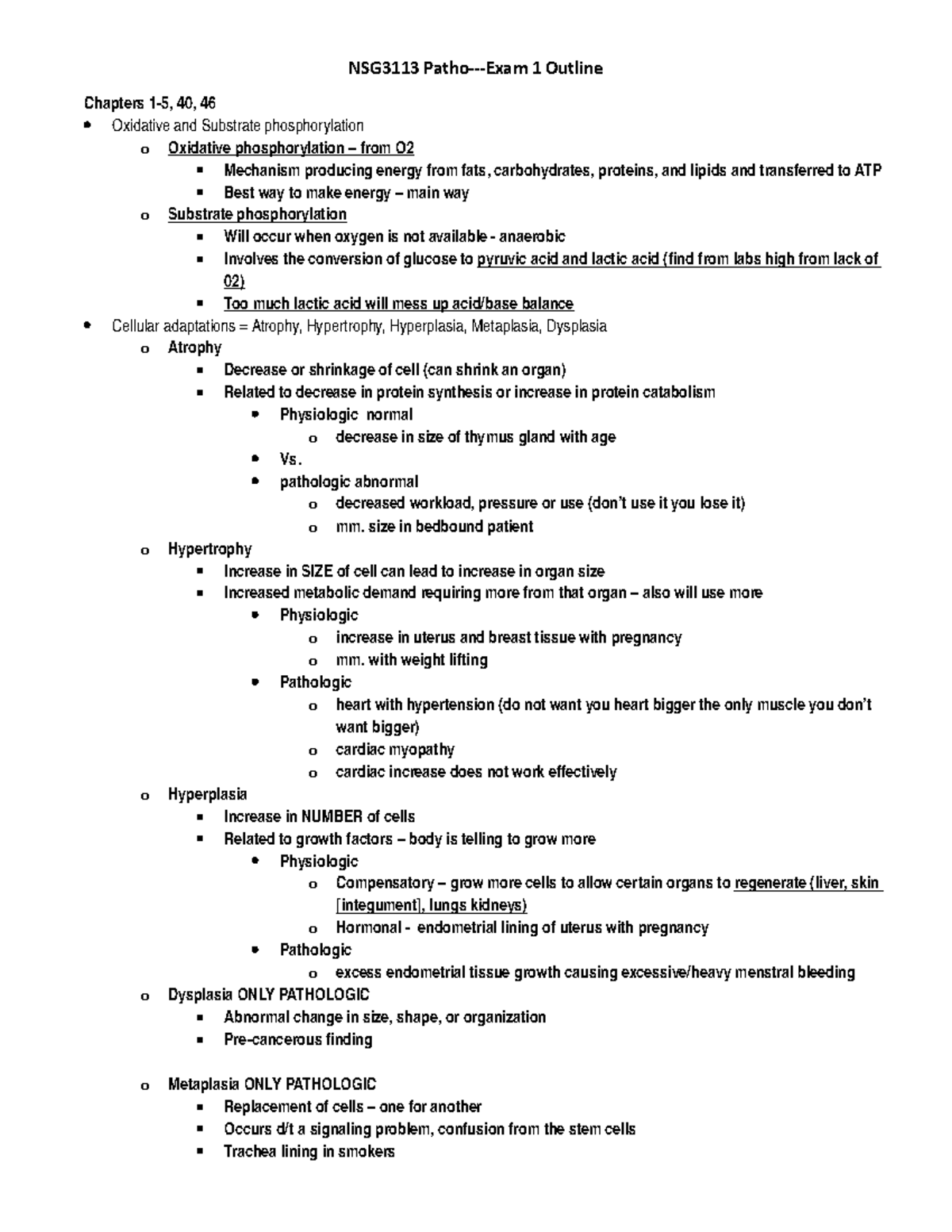 NSG3113 Patho - Exam 1 Comprehensive Study Outline - Studocu