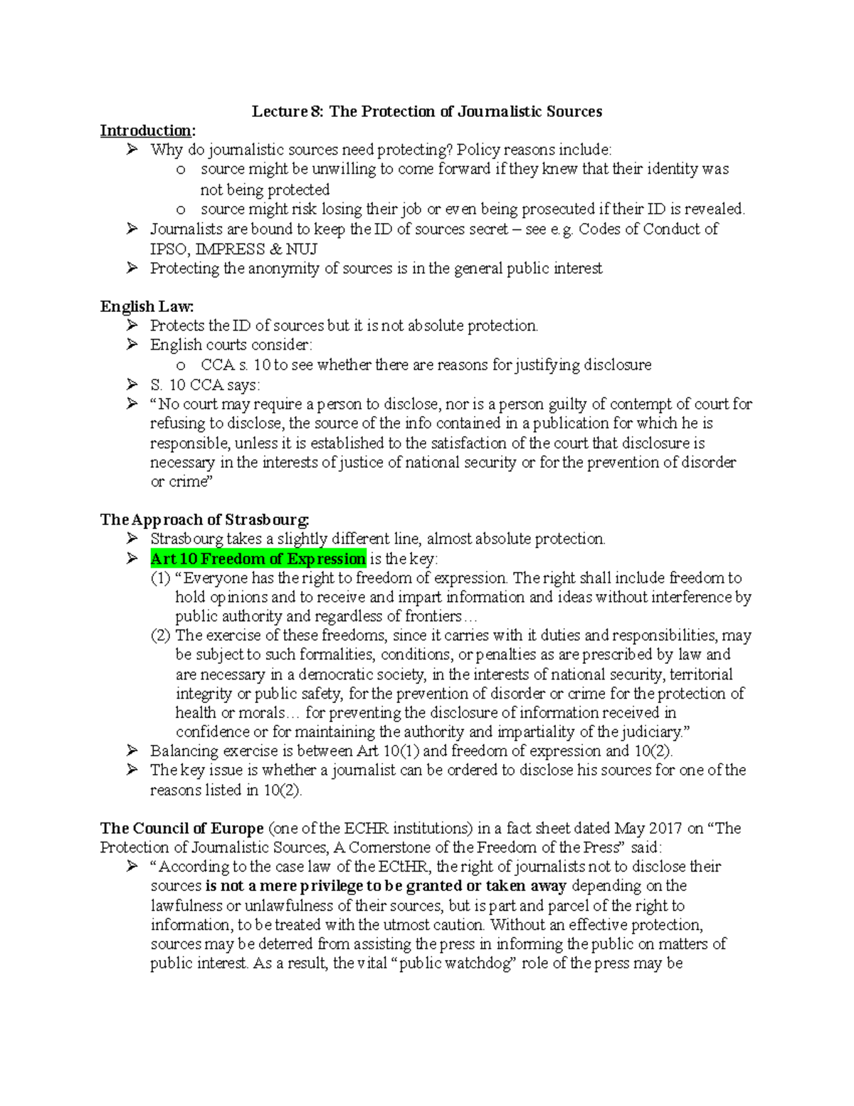 Lecture 8 - Protecting Journalistic Sources and Legal Frameworks - Studocu