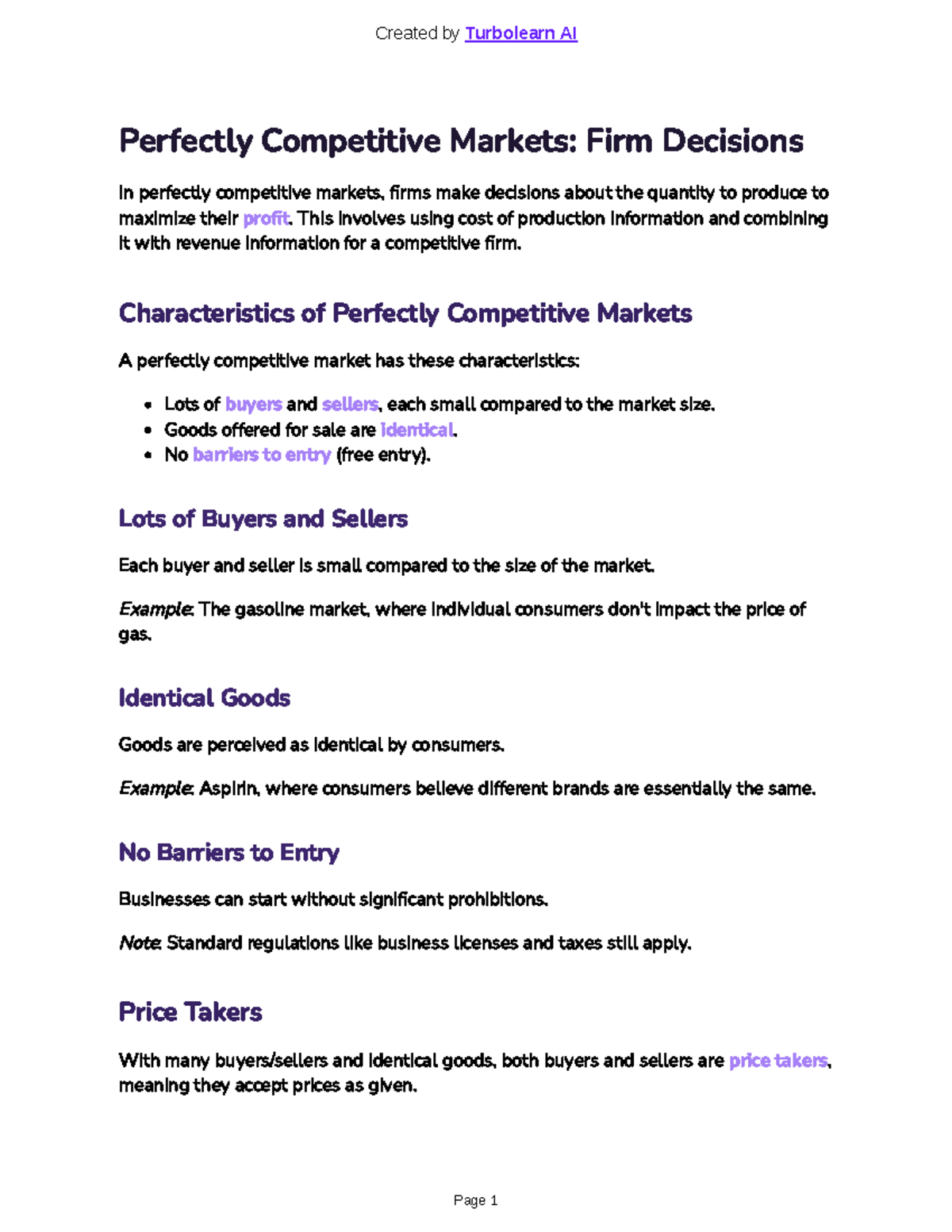 Microeconomics [MEC 101] Lecture Notes: Perfectly Competitive Markets ...