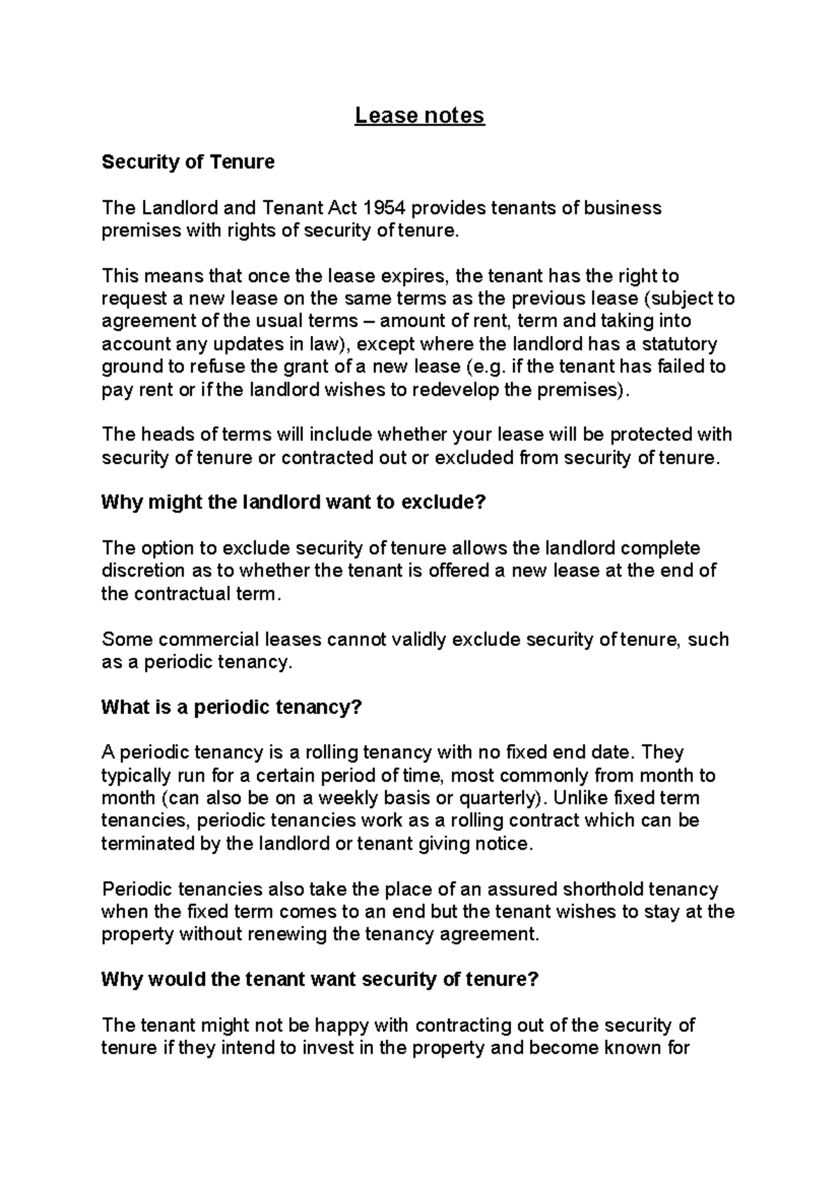 Lease Notes: Security of Tenure Under the Landlord and Tenant Act 1954 ...
