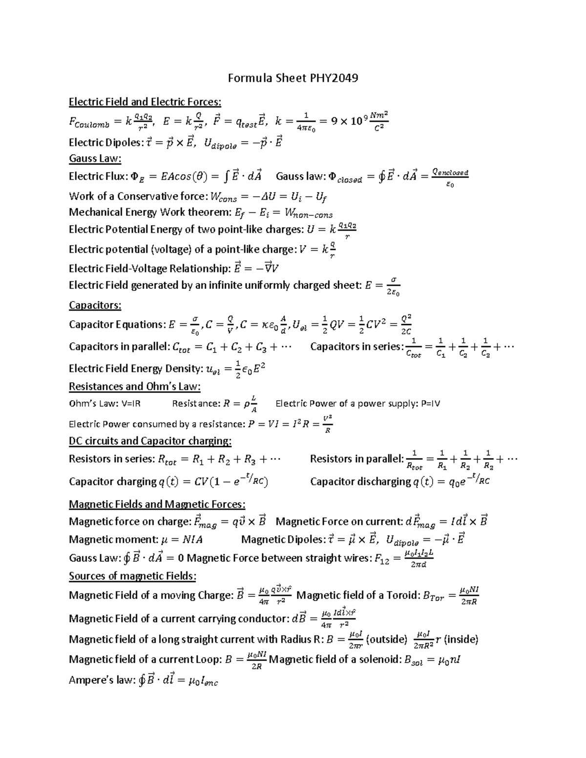 PHY2049 Complete Formula Sheet for Electric & Magnetic Fields - Studocu