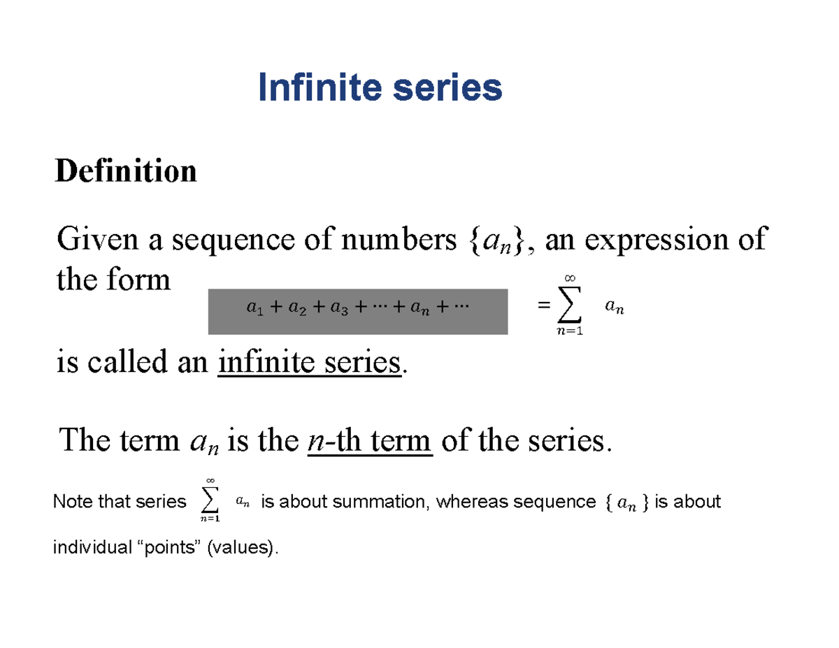 Week 2 - Lecture notes for convergence - Infinite series Definition ...