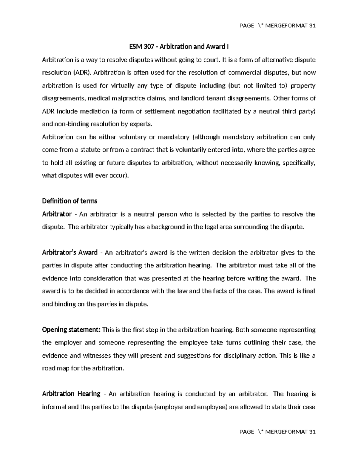 ESM 307 Final Exam Notes: Understanding Arbitration and Awards - Studocu