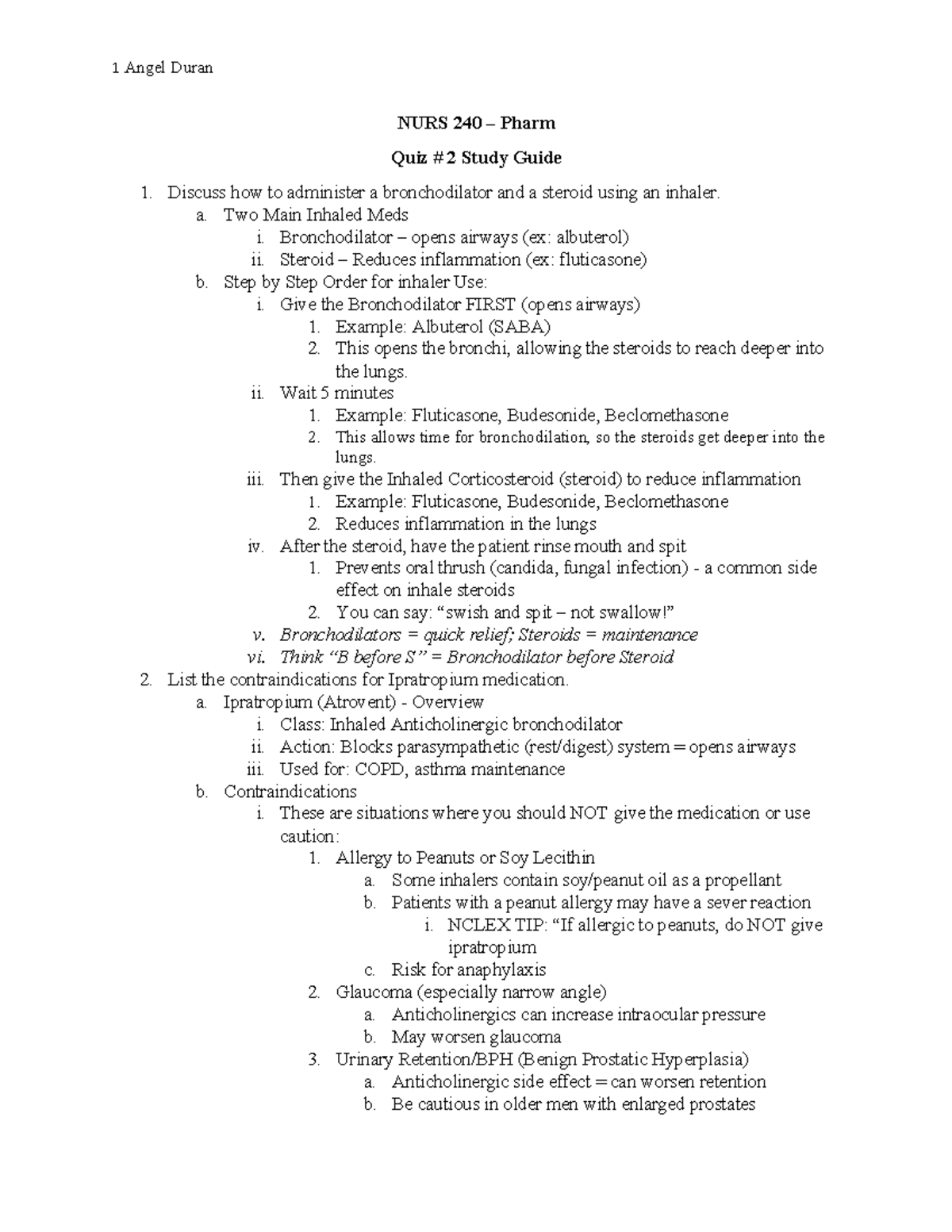 NURS 240 Quiz 2 Study Guide: Inhaler Use, Medications & Side Effects ...