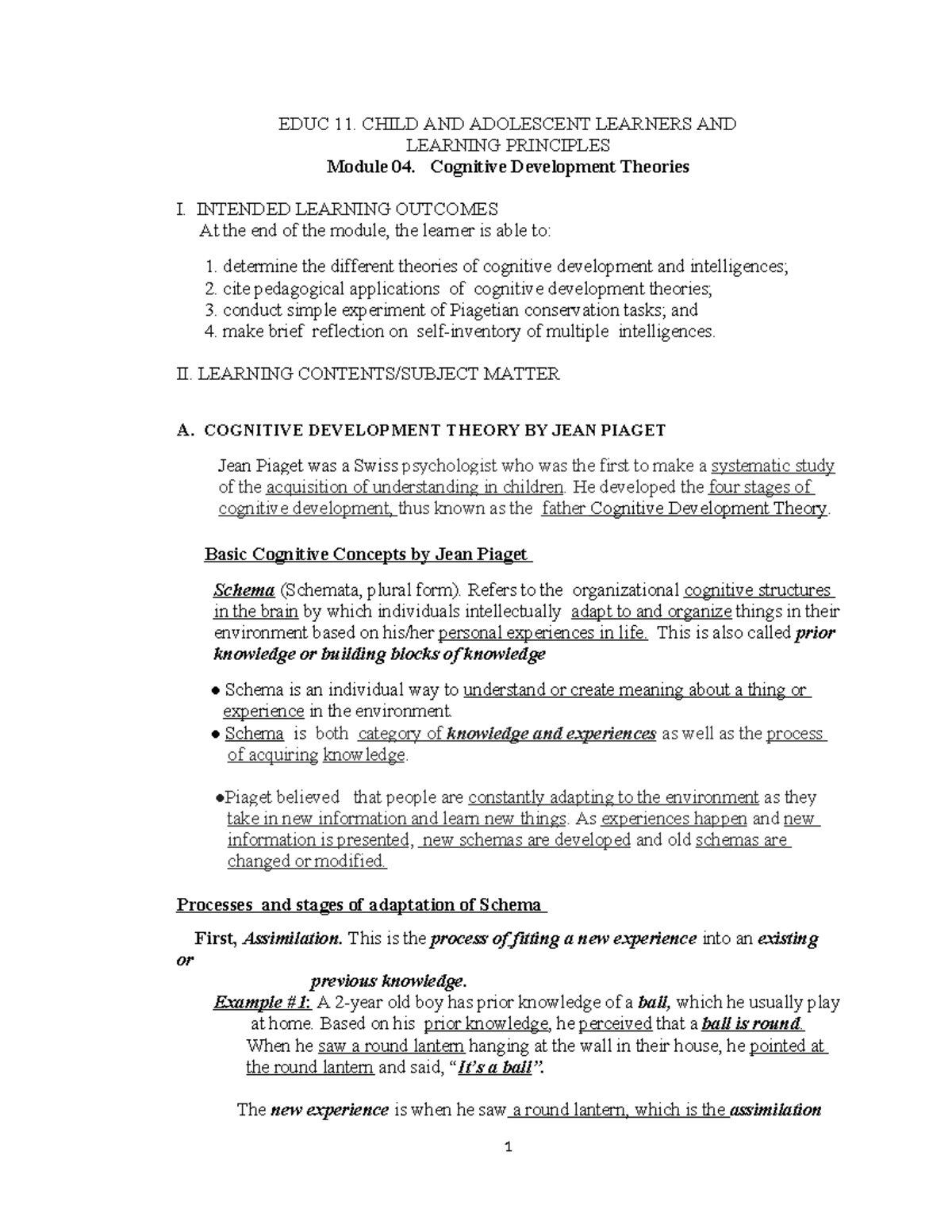 EDUC 11 Module 04: Understanding Cognitive Development Theories - Studocu
