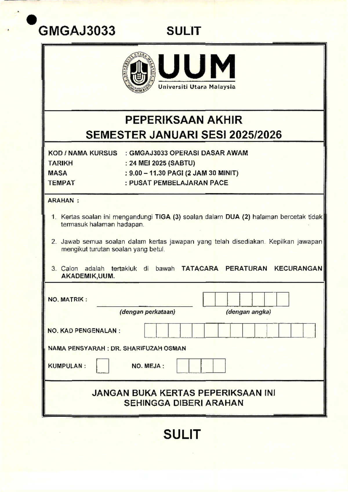 GMGAJ3033 Final Exam Paper: Operasi Dasar Awam - 24 Mei 2025 - Studocu