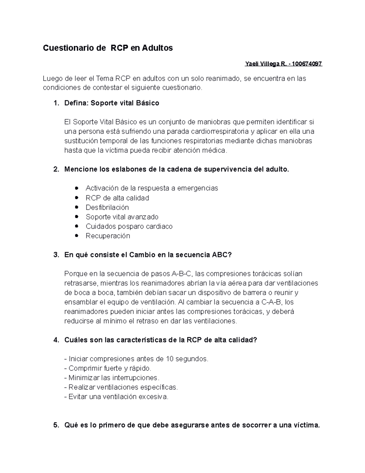 Cuestionario de RCP en Adultos - Valores Críticos y Procedimientos ...