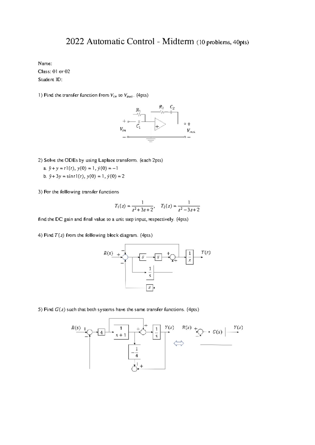 2022 Automatic Control Midterm Exam Sample - 10 Problems (40pts) - Studocu
