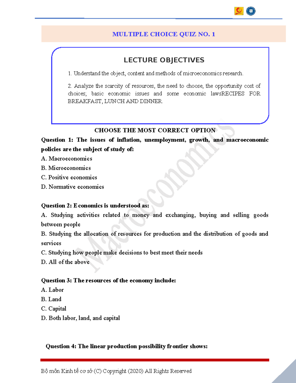 MULTIPLE CHOICE QUIZ NO. 1: MICROECONOMICS LECTURE OBJECTIVES (KTVM ...