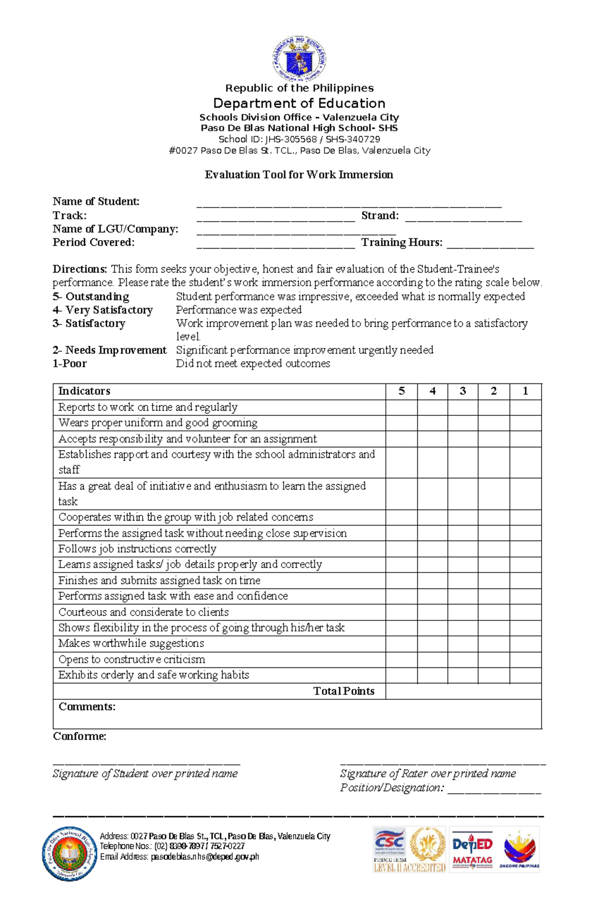 Work Immersion Assessment Tool - SHS Evaluation Form - Studocu
