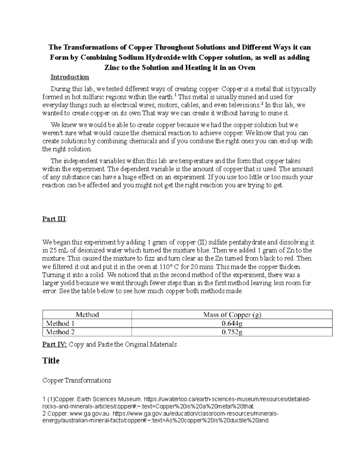 Copper Transformations Lab Report: Techniques and Results Analysis ...