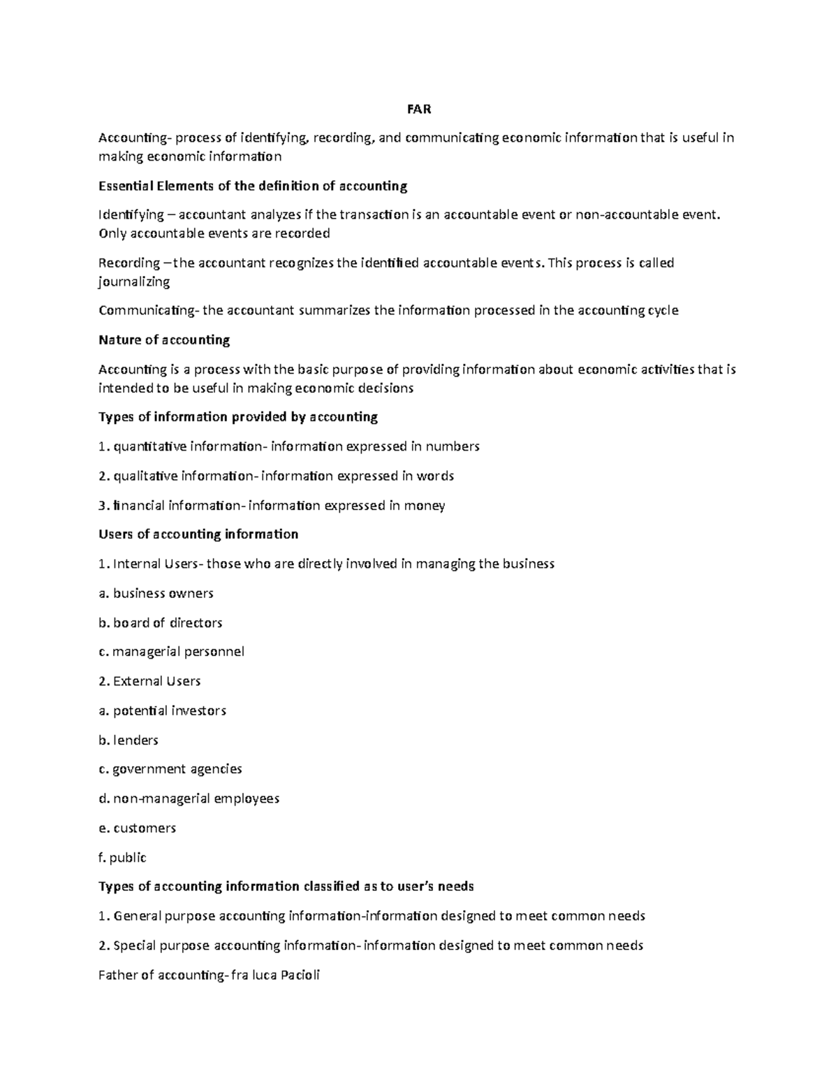 FAR Notes: Understanding the Accounting Process and Its Users - Studocu