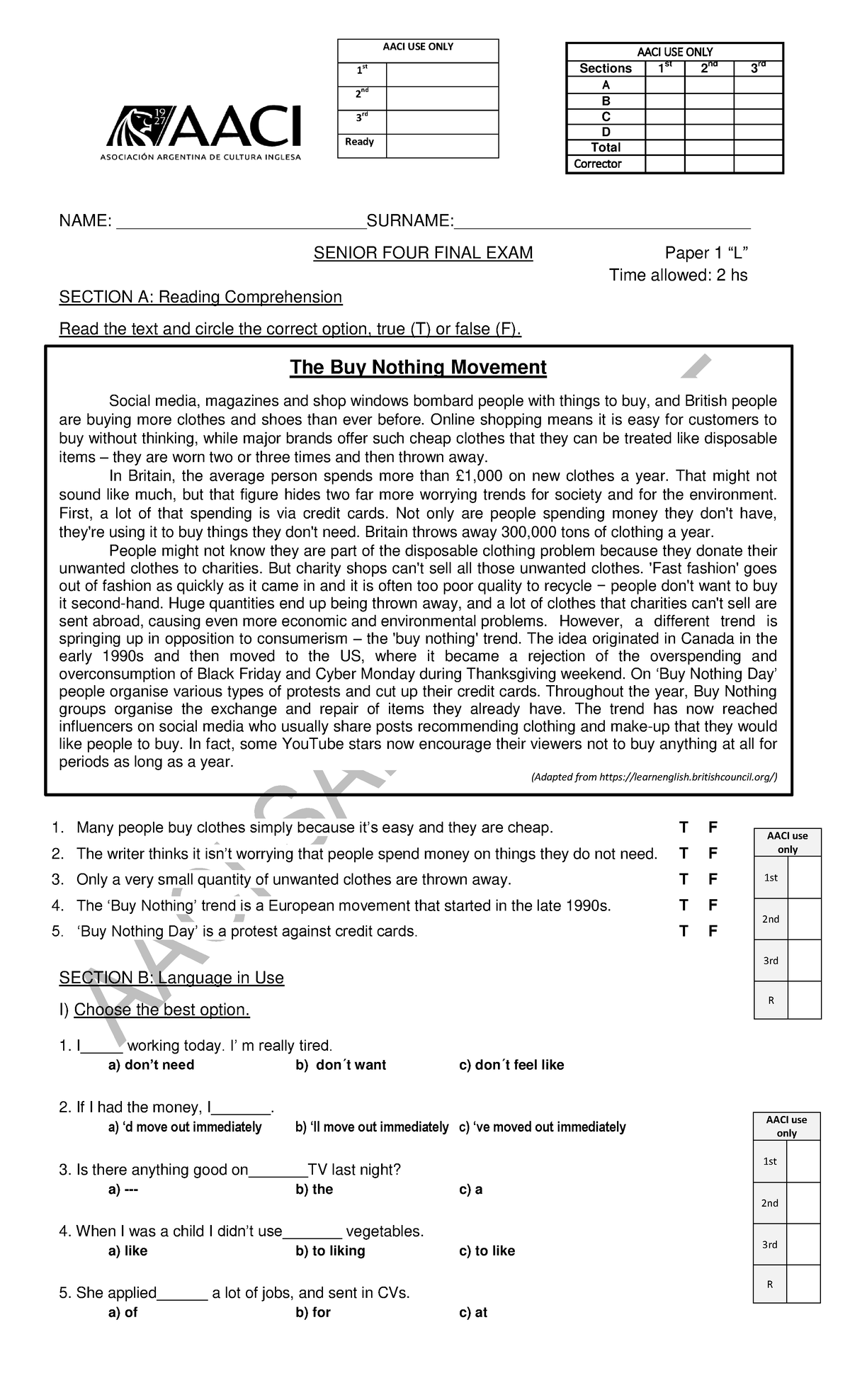 Senior Four Final Exam Paper 1: Reading & Language Comprehension - Studocu