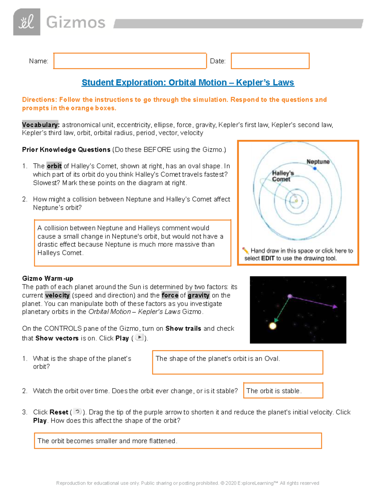 Kepler's Laws of Orbital Motion Exploration (Course Code: Gizmo) - Studocu