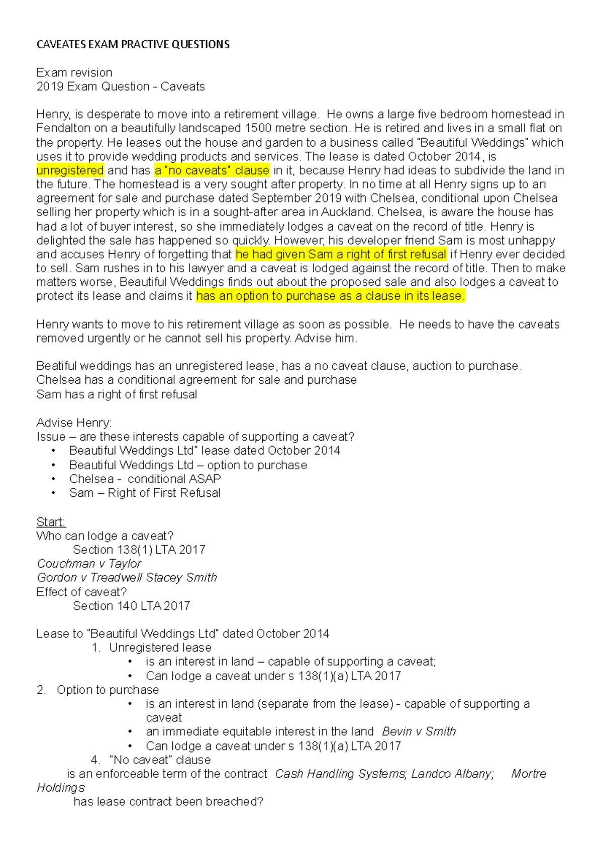 Caveats Exam Practice Questions - Legal Analysis & Advisory Notes - Studocu