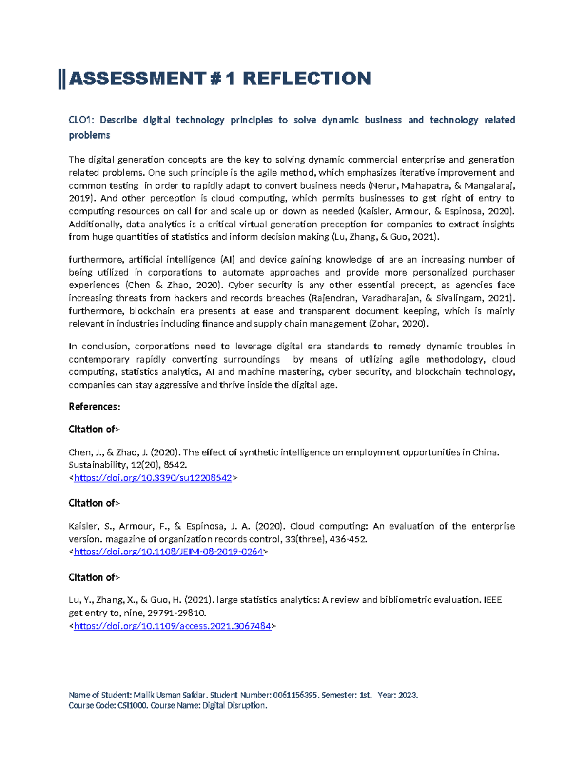 Usman U CSI1000 - Assessment for Course Work. - ASSESSMENT # 1 ...