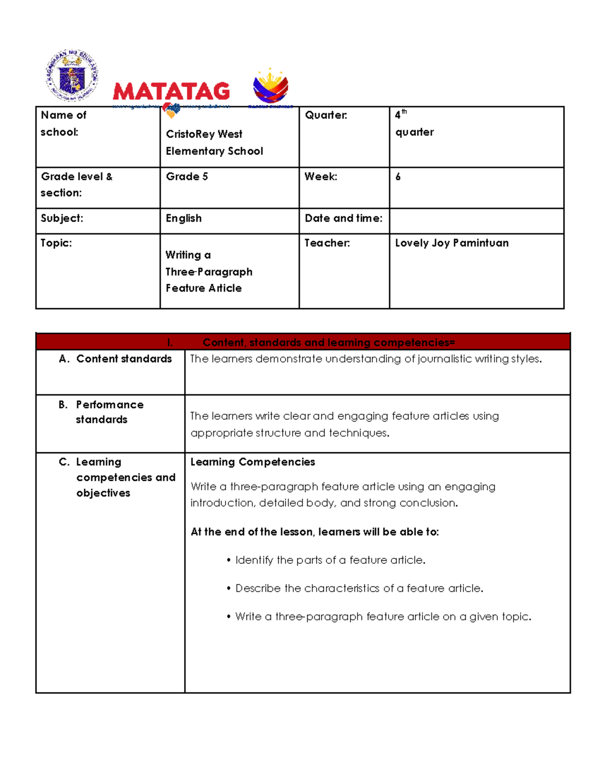 Grade 5 English: Writing a Feature Article - 4th Quarter Lesson - Studocu
